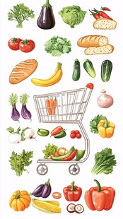 手绘蔬果与购物车插画素材