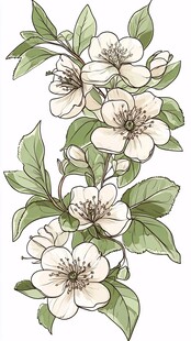 手绘白色花卉与绿叶枝条
