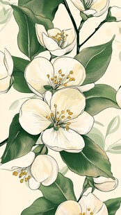 手绘白色花卉绿叶图案