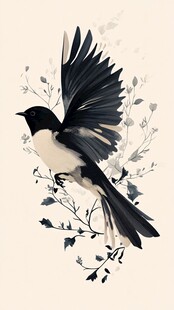 黑白飞鸟于枝间展翅