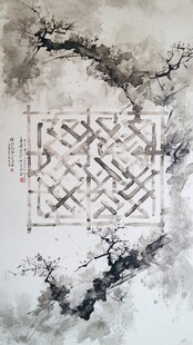 水墨窗景下的雅致梅枝