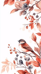 秋日枝头小鸟水彩插画