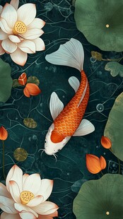 锦鲤戏荷间 水墨风插画