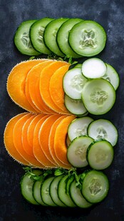 色彩鲜艳的黄瓜与胡萝卜切片