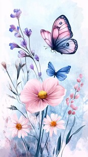 蝴蝶与繁花的梦幻水彩画