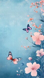 梦幻蓝背景下的蝶与繁花