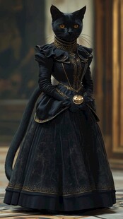 黑猫身着复古华丽长裙