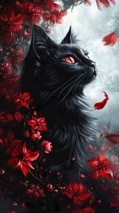 黑猫绽于红花间的奇幻图景