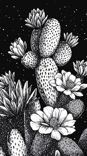 黑白手绘仙人掌花卉图案