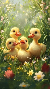 草地上的可爱小黄鸭