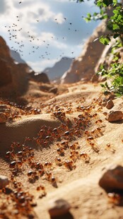 沙漠中行进的庞大蚂蚁群