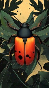 橙黑甲虫栖于绿叶间