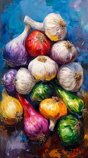 多彩大蒜油画静物图