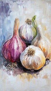 油画中的多彩大蒜静物