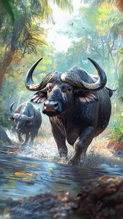 水牛在热带雨林中奔腾