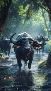 水牛群穿行于林间溪流