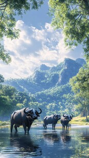 水牛群在山水间悠然涉水
