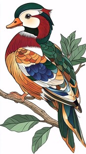 枝头彩羽鸳鸯插画