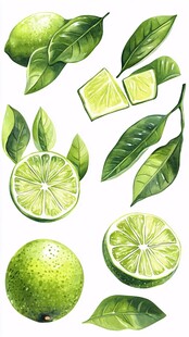 手绘青柠与叶片清新插画