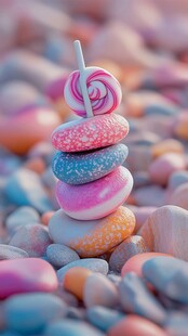 彩色糖果堆叠在五彩石子上
