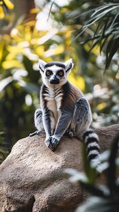 环尾狐猴端坐于岩石之上