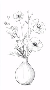 花瓶中的手绘花卉线条图