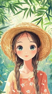 草帽少女身处绿意竹林间