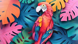 多彩鹦鹉置身缤纷热带叶间