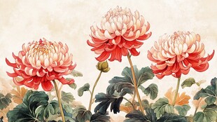 三朵艳丽盛开的中式菊花