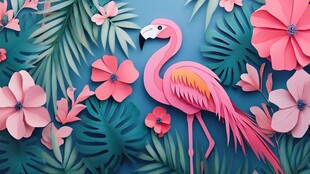 火烈鸟置身繁花绿叶间