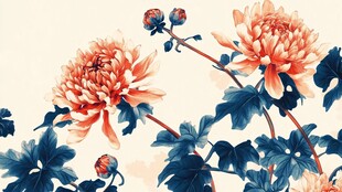 工笔绘就的艳丽双朵菊花