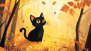 黑猫漫步秋日森林