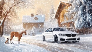 冬日雪境中的车与马