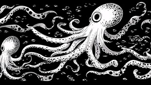 黑白风双章鱼海洋插画