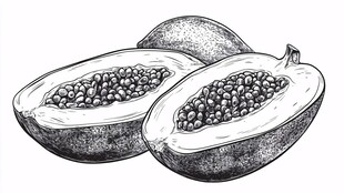 手绘切开的木瓜果实