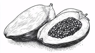 手绘木瓜 完整与剖开形态