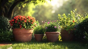 花园中多彩盆栽的静谧景致