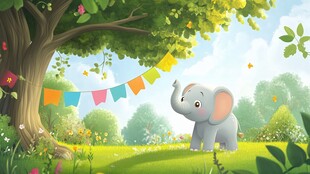 小象在绿树繁花间玩耍