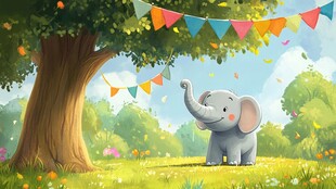 大象在彩旗飘扬的树下玩耍