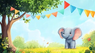 大象于绿树彩旗间的美好