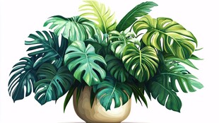 热带绿植盆栽插画