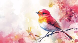 水彩绘枝头艳丽小鸟