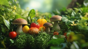 森林中的蘑菇与多彩果实