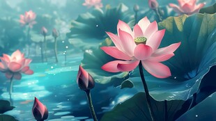 梦幻粉色荷花绽放于荷塘