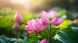 夏日盛开的娇艳粉色荷花