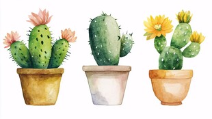 水彩风盆栽仙人掌插画