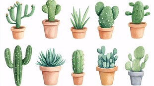 多样盆栽仙人掌水彩插画