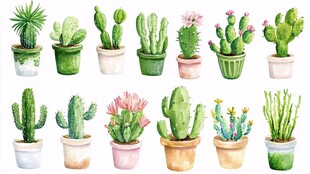 水彩风多样盆栽仙人掌