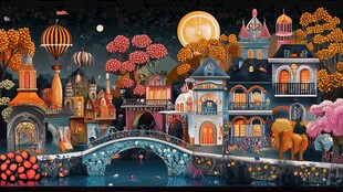 梦幻月夜下的童话小镇