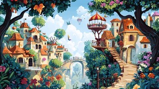 梦幻童话风的浪漫小镇景色